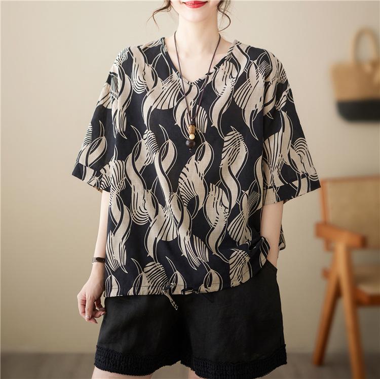 Summer Printed Short-sleeved T-shirt V-neck Cotton and Linen Loose Large-size Women's Top T-shirt Cotton and Linen Shirt