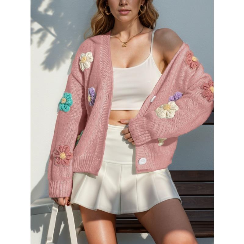 Women Floral Print Loose Long Sleeve Knit Casual Cardigan Sweater