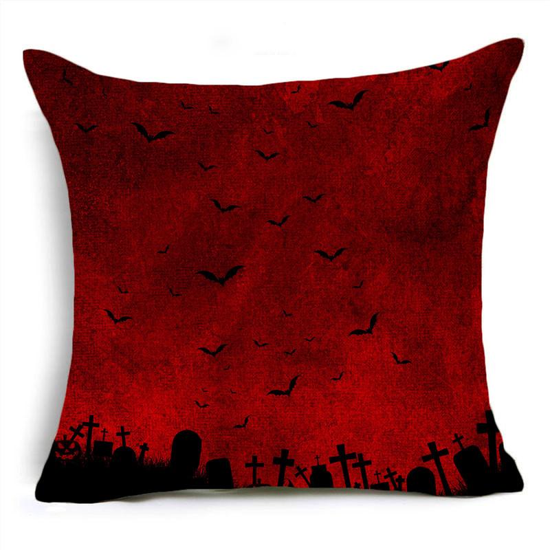 Red Halloween Night Moon Graveyard Bat Scarecrow Linen Throw Pillowcase Decorative Cushion Cover For Sofa Living Room Party