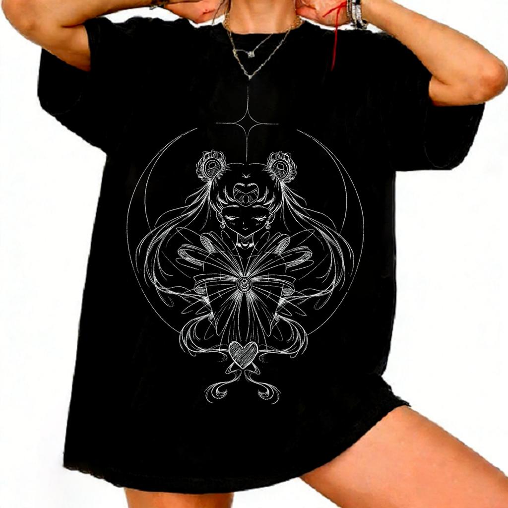 Sailor Moon Retro 90er Anime Grafik T-Shirt Sommer Baumwolle Unisex Damen Tee Streetwear Lässig Trend Kurzarm Paar Hip Hop Oberteil