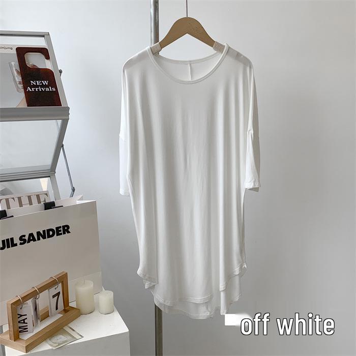 Vestido Camiseta Modal Feminino de Manga Curta - Comprimento Médio, Caimento Solto, Estilo Preguiçoso Roupa de Dança