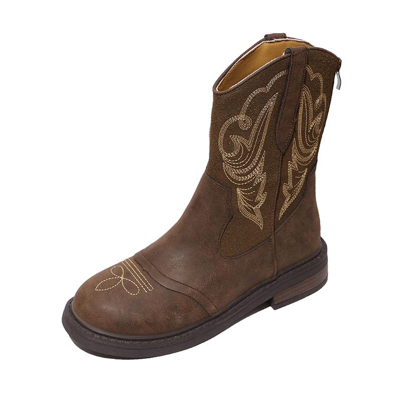 Fashion Women's Embroidered Booties Autumn New Round Toe Rear Zipper Non-Slip Wear-Resistant Block Heel Boots