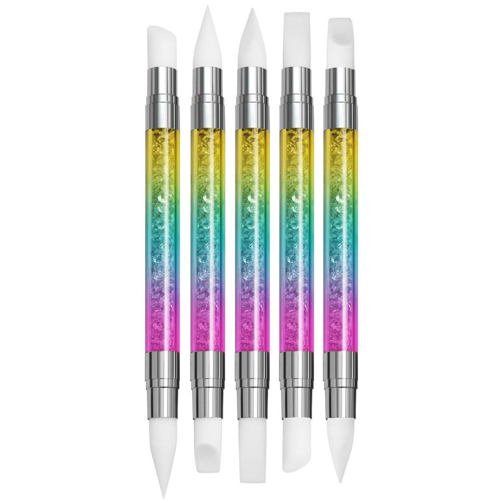 5-Piece Double-Ended Nail Art Silicone Pen Set with Rhinestones - Hollow Carving, Embossing, Smearing, and Mirror Powder Brushes.