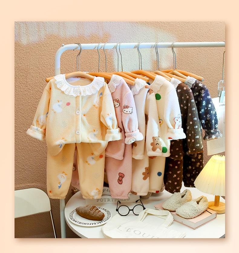 Girls' Velvet Lace Collar Flannel Pajama Set - Autumn/Winter Warmth