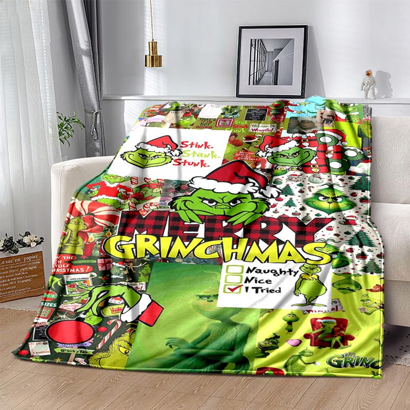 1Pc Grinch Christmas Collage Blanket Soft And Comfortable Casual Warm Camping Travel Christmas Halloween Gift M921638