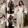 Women Lace Stitching Long Bathrobes Nightgown, Soft Silk Dressing Gown Bath Robe