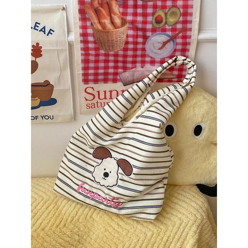 Carto Dog Plaid Stripe Women Shoulder Bags Corduroy Large Capacity College Girls Underarm Tote Bag Casual Female Vest Handbags