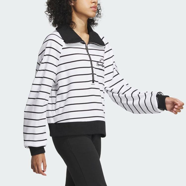 Adidas Verbiage Half-Zip Striped Sport Casual Long Sleeve T-Shirt Women Tops Black White IZ4572