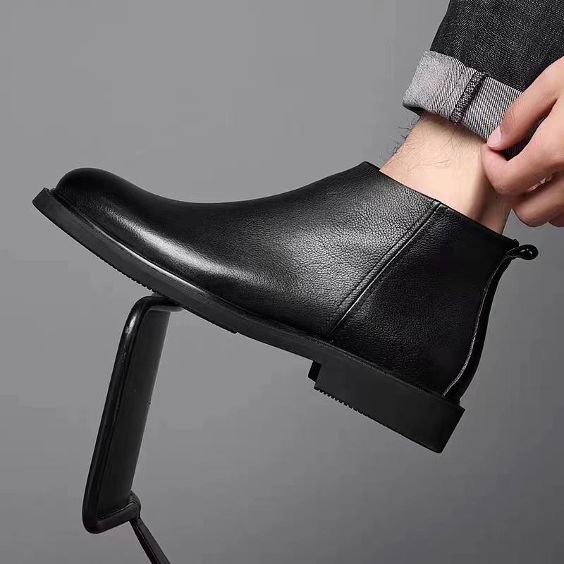 Casual Leather Men's Chelsea Boots Brand Comfortable PU Leather Ankle Boots Warm Plush Fur Winter Botas High Top Shoes