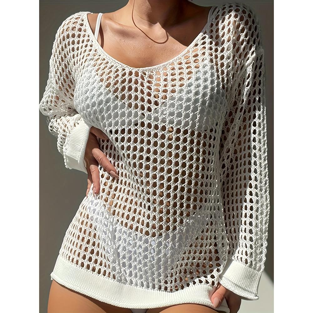 Ausgehöhltes, gestricktes, seitlich geschlitztes Cover-Up ohne Bikini, langärmliges, locker sitzendes Cover-Up-Kleid mit Rundhalsausschnitt, Bademode und Kleidung für Damen