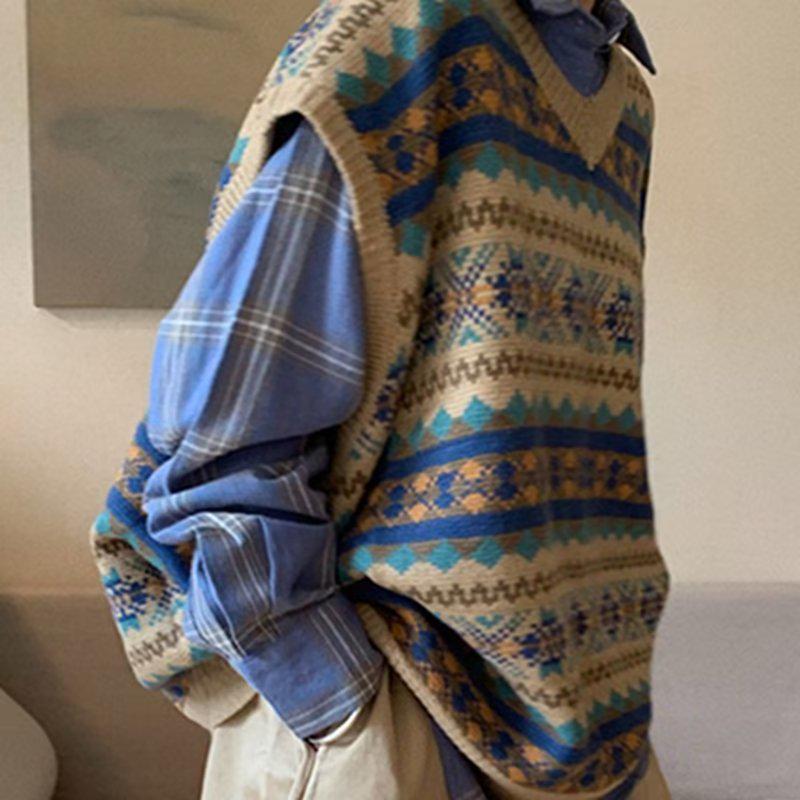 

Мужской корейский ретро-вязаный жилет с V-образным вырезом – нейтральный, свободный жилет для весны и осени L хаки