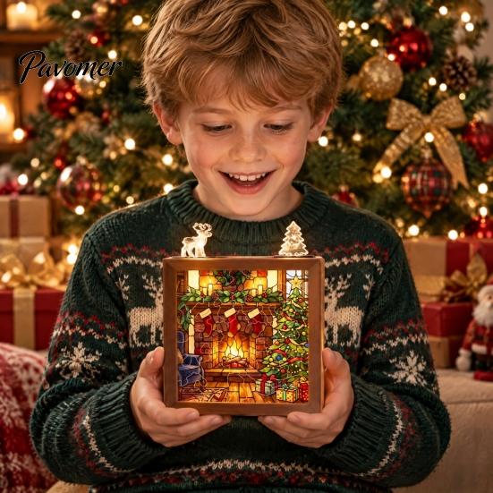 Decorative Room Lighting Christmas Acrylic Puzzle Night Light with Wooden Frame, DIY Stained Glass Style Creative Gift for Kids Jigsaw Lamp