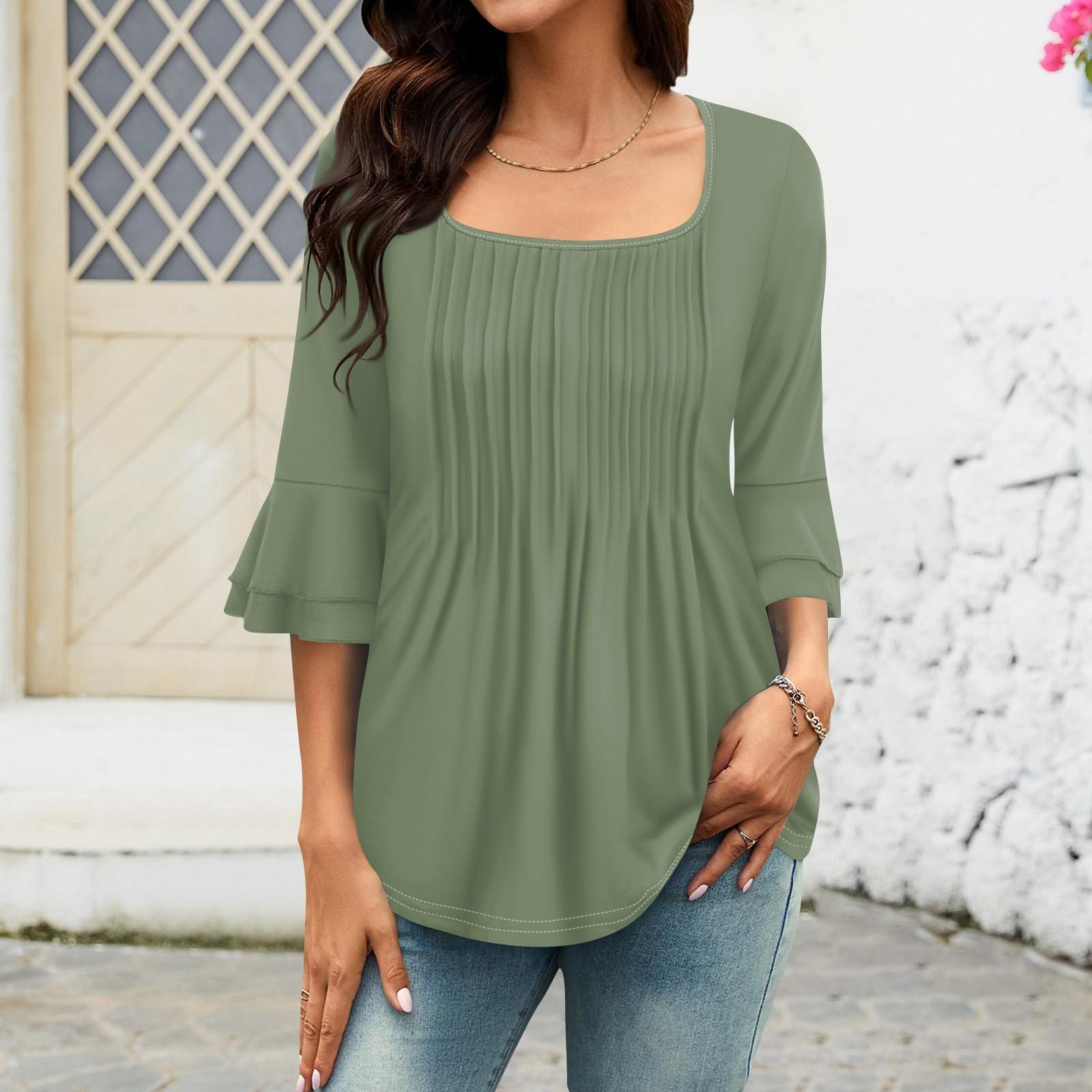 Женские рубашки с рукавами 3/4, топы, нарядные повседневные блузки, плиссированные топы-туники с квадратным вырезом и вырезом XXXL