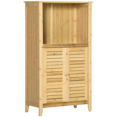 Badezimmer-Aufbewahrungsschrank aus Bambus mit 2 Türen, offenem Fach und verstellbarem Einlegeboden, 50x25,5x92 cm, Natur
