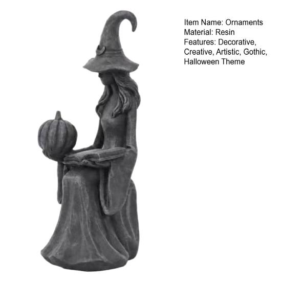 Tabletop Witch Decoration Halloween Statue, Gothic Figurine with Pumpkin And Book, Matte Black Themed Gifts Sculpture, Mantel Shelf Desk Decor,