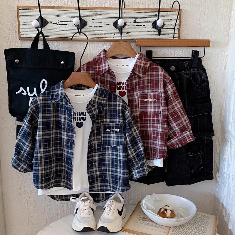 Boys Spring Autumn Plaid Long Sleeve Shirt Korean Casual Button Down Top For Kids