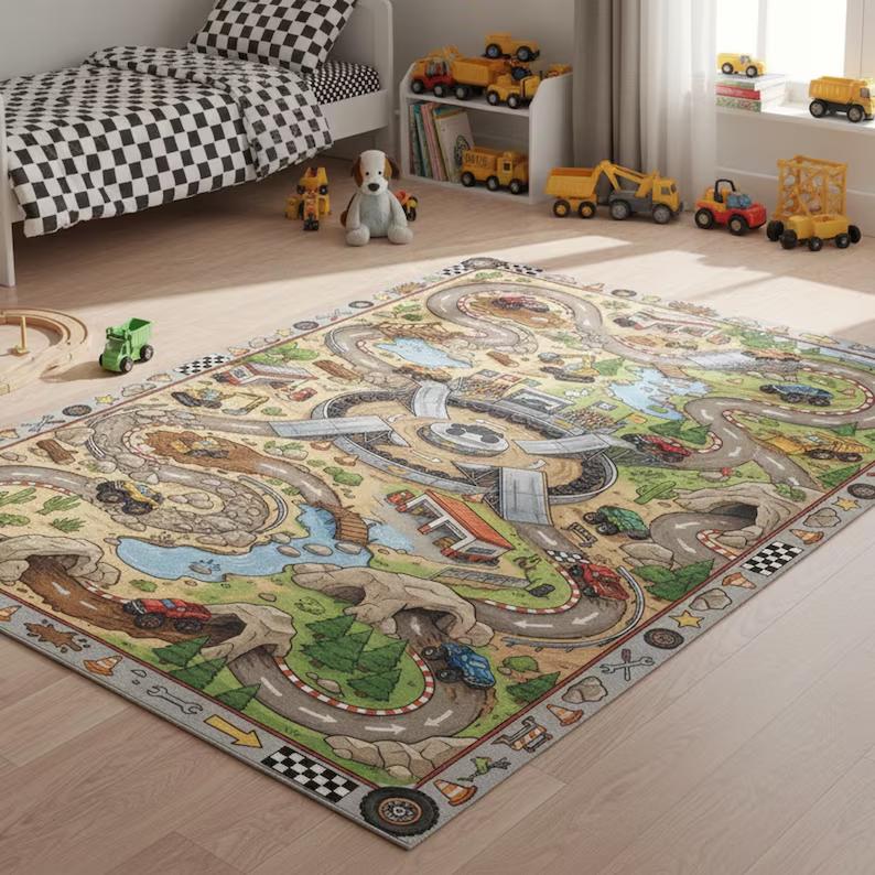 City Play Rug for Kids Car Track Carpet with Roads and Buildings Educational Traffic Map Mat, Boys Room Decor Baby Area Rug