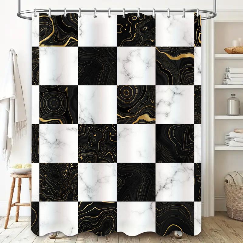 Modern Decorative Shower Curtain Set Waterproof Fabric Bathroom Decor Customizable Size Black White Gold Geometric Chevron Patte