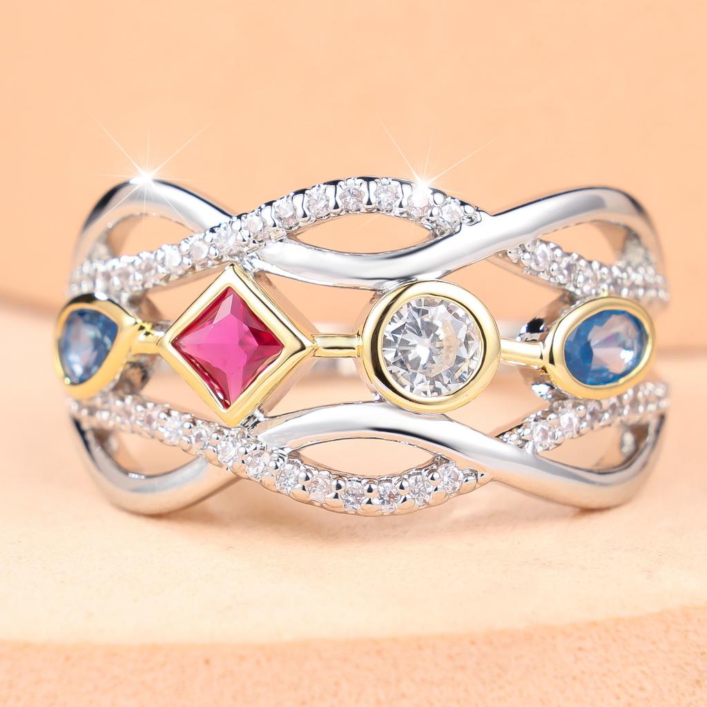 Luxury Female Rainbow Zircon Stone Engagement Square Round Skeleton Ring Vintage Silver Color Wedding Fashion Jewelry For Women