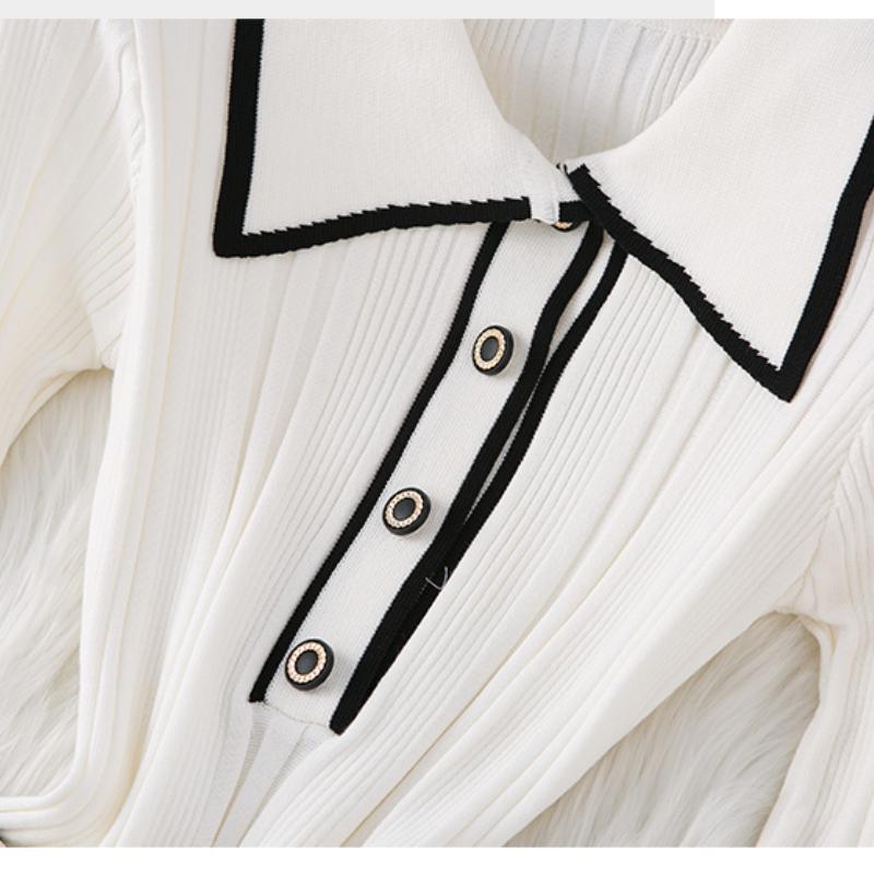 Autumn Winter Women Elegant Turn-down Collar Knitted Sweater Long Maxi Sheath Dresses