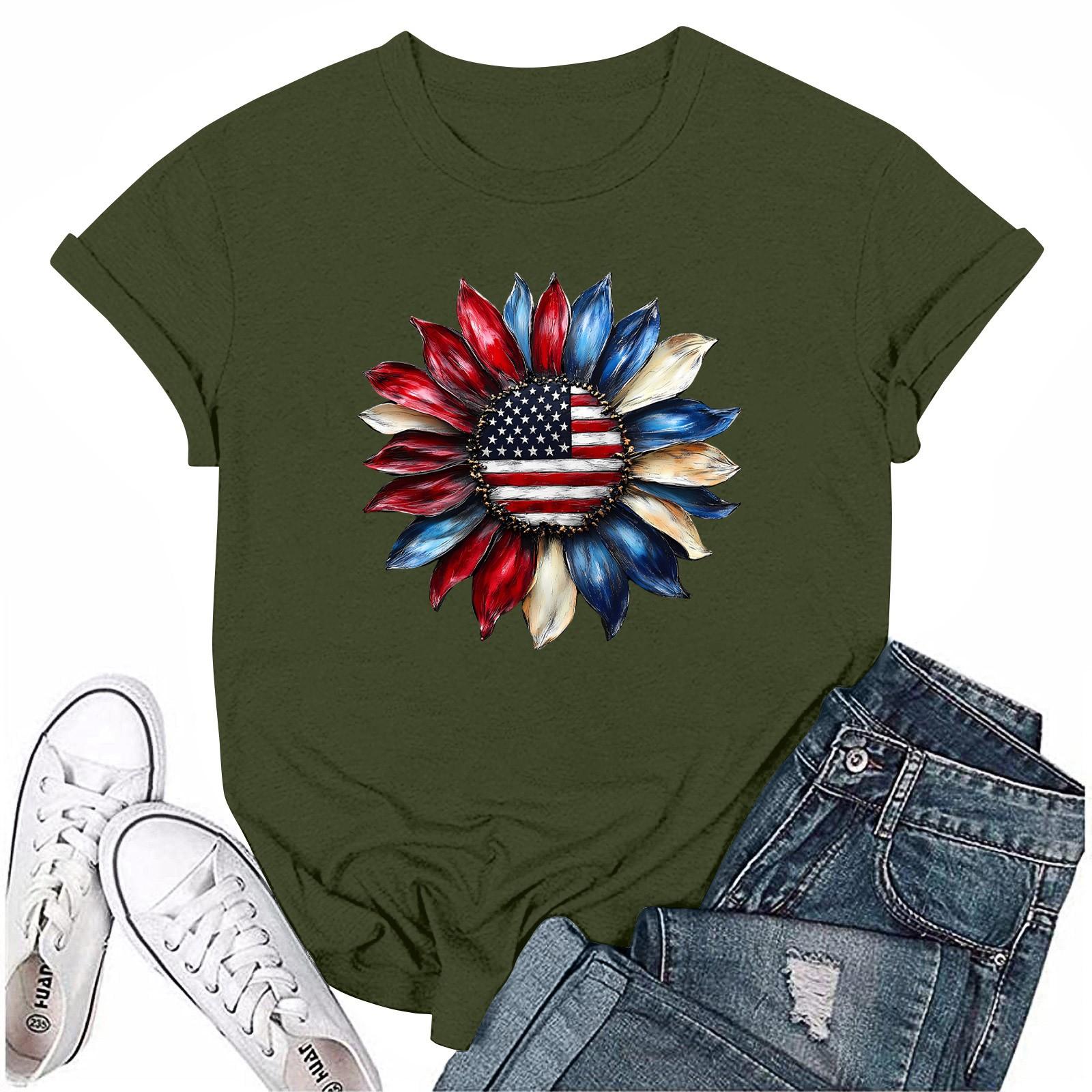 Adults Casual Daily Round Neck Independence Day Printed Short Sleeved T-shirt Letter Top M
