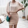 Summer O Neck Solid Color Bat Sleeve Chiffon Hip Short Dress