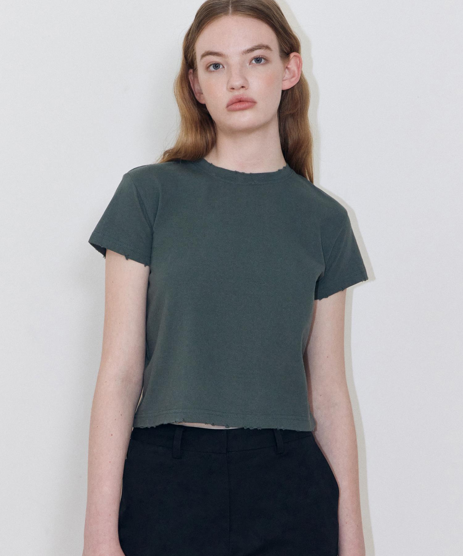 Lady Volume Distressed Washed T-Shirt (Khaki) Khaki/M