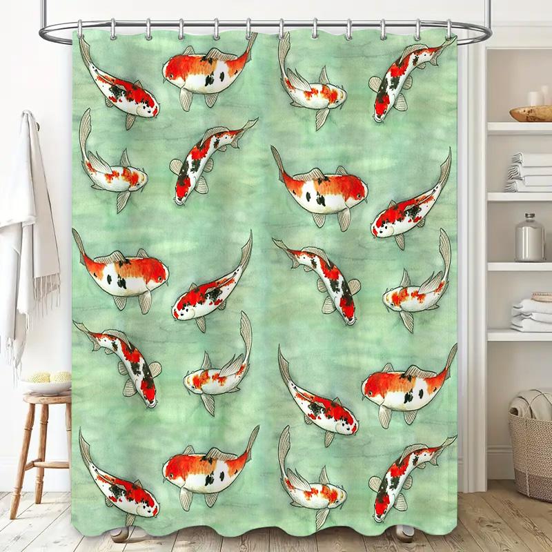 Japanese Koi Fish Shower Curtain Artistic Ocean Blue Bathroom Decor Set Waterproof Modern Pattern Washroom Backdrop
