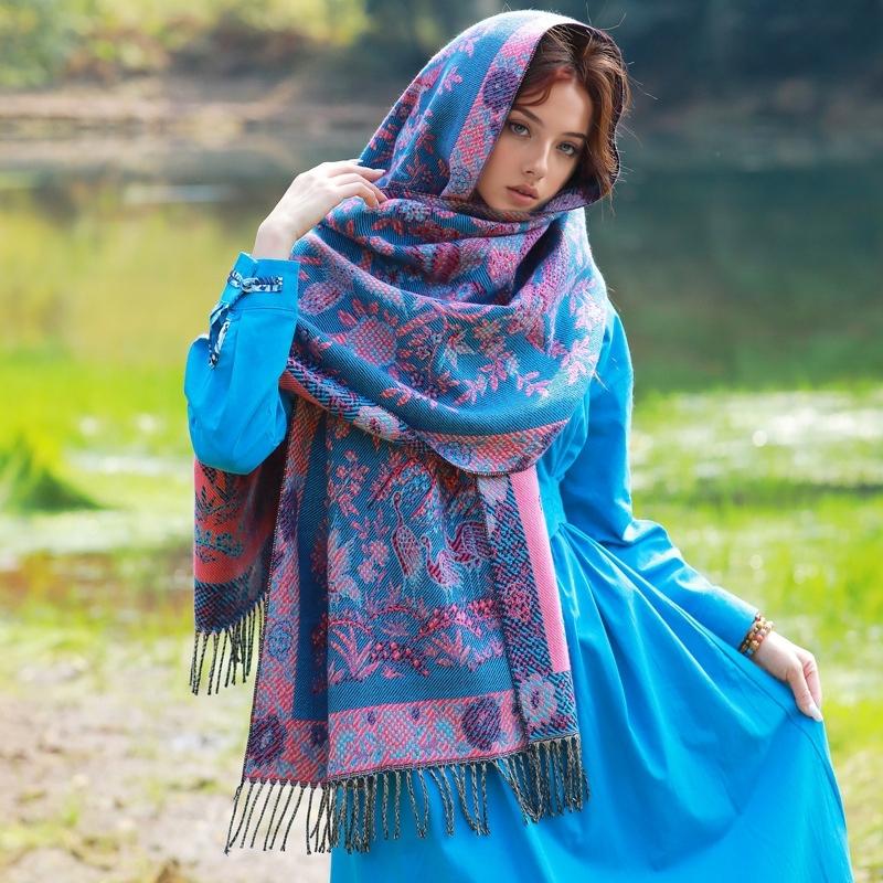 Ramadan Muslim Hijab Women Ethnic Style Islamic Jacquard Scarf Thick Wrap Winter Warm Thick Blanket Tassel Shawl Arabic Pashmina