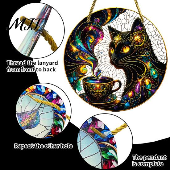Retro Totems Glass Decoration Stained Style Black Cat And Magic Coffee Cup Hanging Ornament for Window Wall Artistic Art Decor, Acrylic