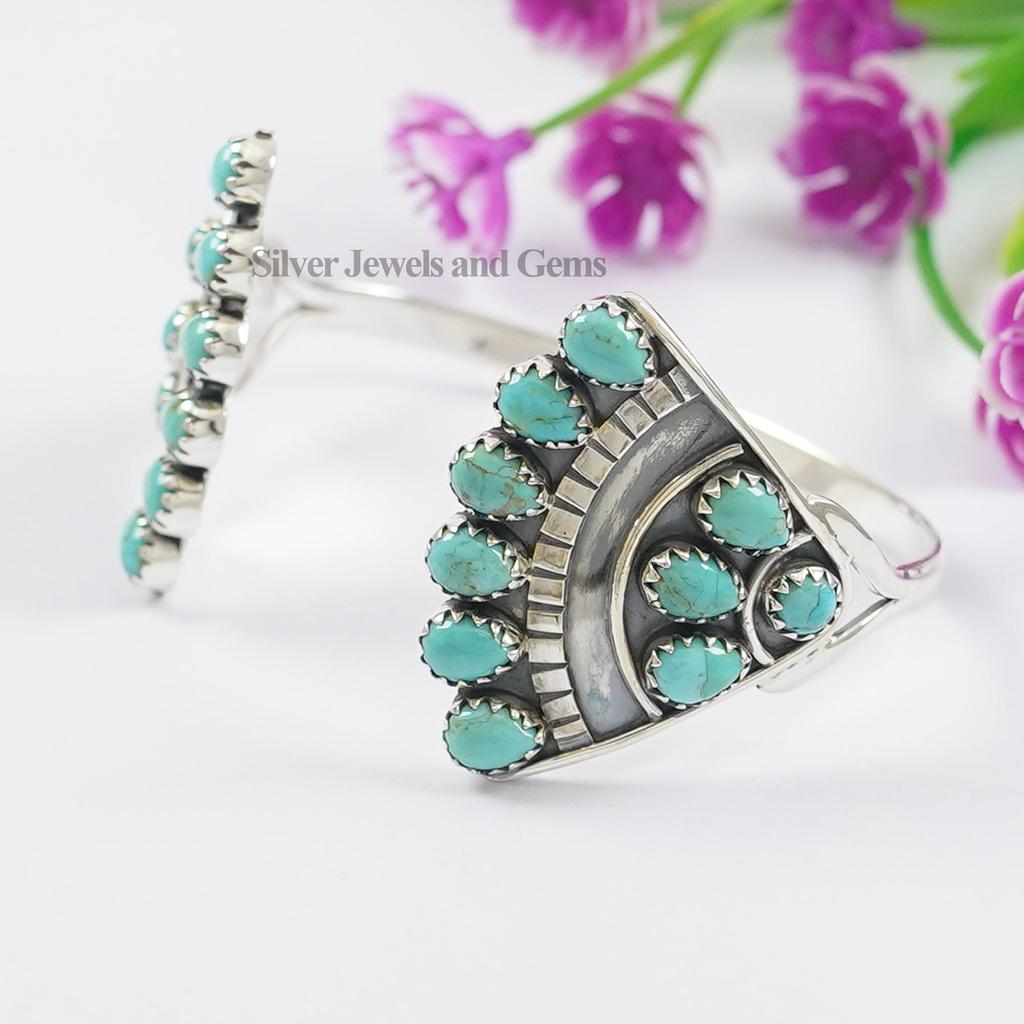 Genuine Turquoise Cuff Bangle, Turquoise Adjustable Bracelet, 925 Sterling Silver Bracelet, Gemstone Boho Bracelet, Anniversary Bracelet