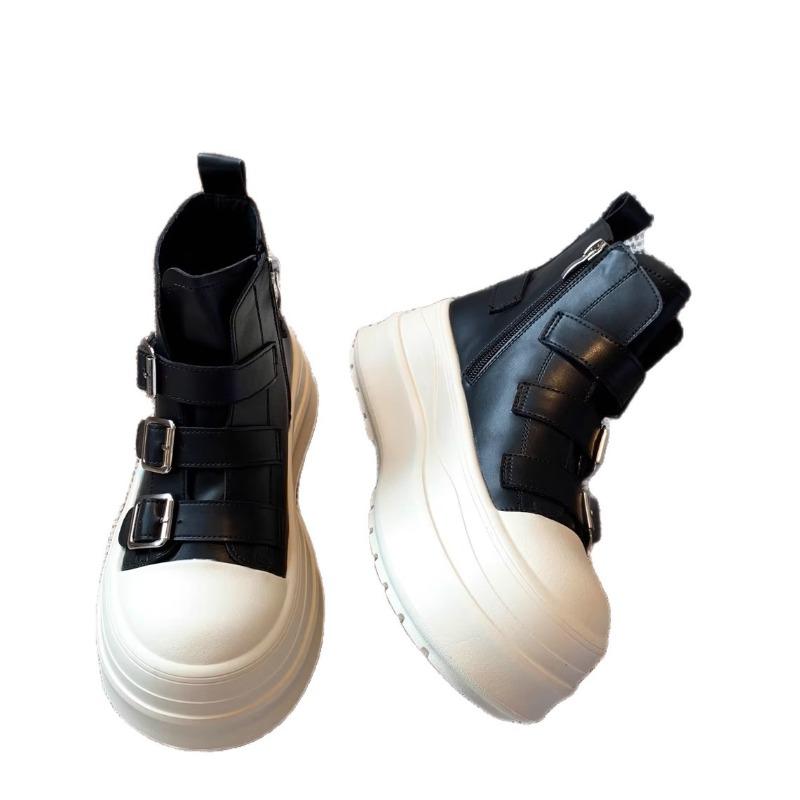 Leather Martin boots women's muffin thick sole heightening small short boots autumn and winter new casual high-top shoes women