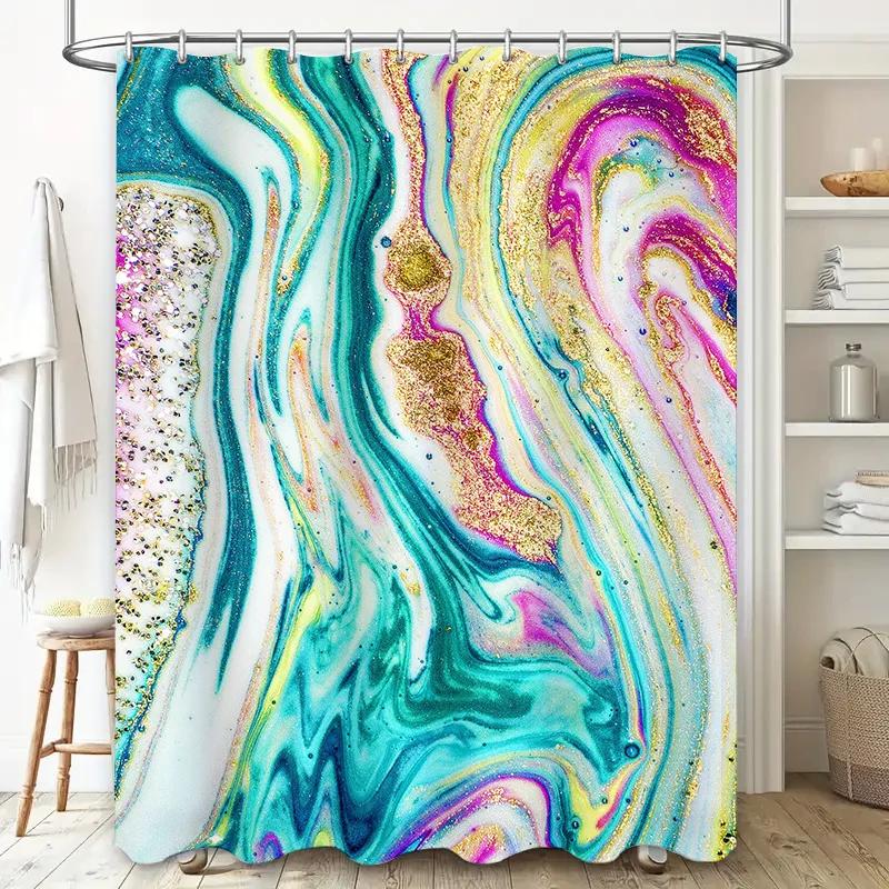 Colorful Shower Curtain with Glitter and Sparkle Marbled Pattern for Bathroom Decorations