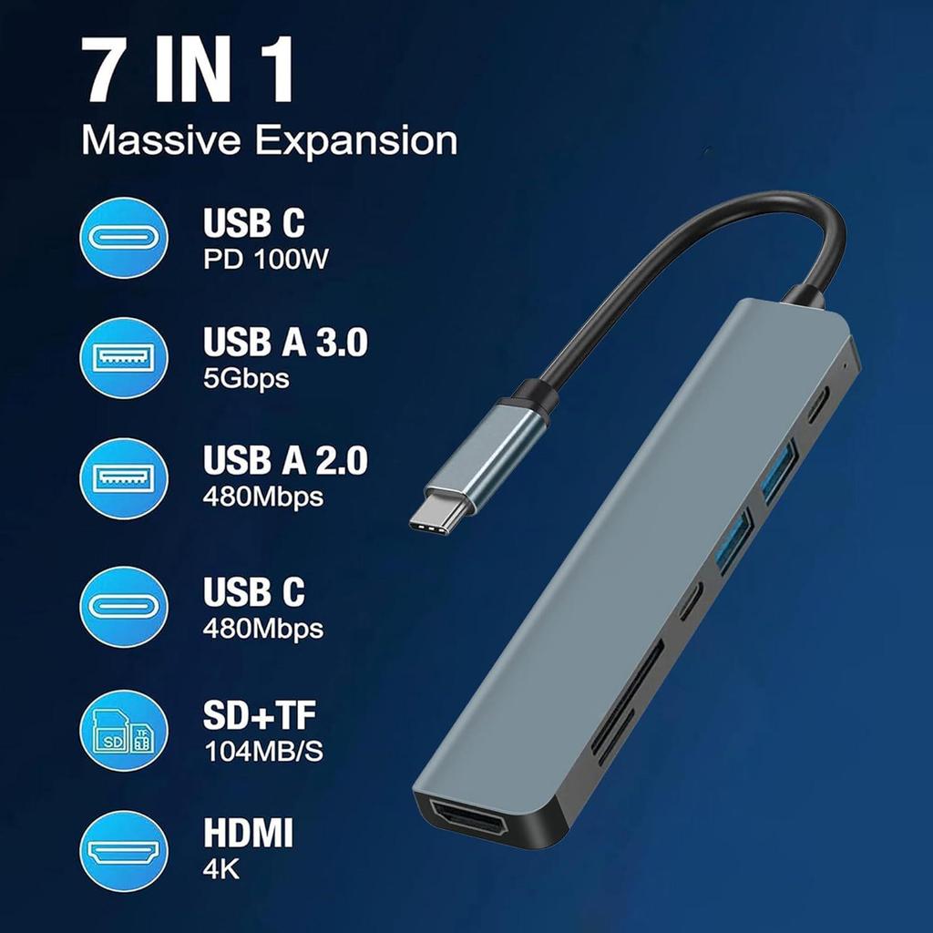 USB-C Type-C Hub with 4K HD, PD Charging, and 7-in-1 Multi-Port Expansion