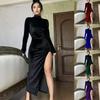 2023 European & American Style High Neck Velvet Long Dress with Slim Fit, Ruched Detailing & Slit - Autumn/Winter Women’s Fashion