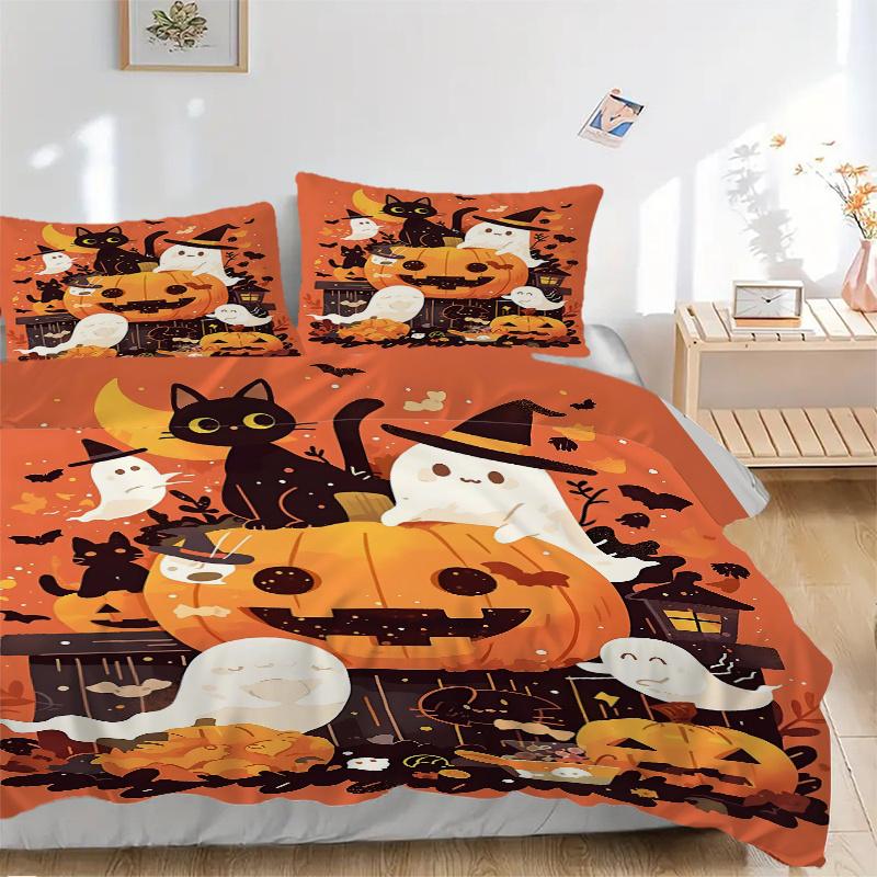 3pcs Cats & Ghosts & Pumpkins Halloween Quilt Cover Set (1 Quilt Cover + 2 Pillowcases Without Pillow Core), High-Definition Printing for Home an