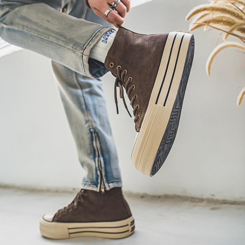 Retro Black Couples Casual Sneakers Comfort Suede Thick Sole Men's Shoes Trend Lace-up High Top Shoes Mens Vulcanized Sneakers
