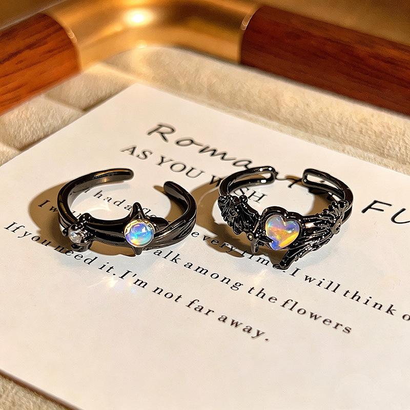 Punk Gothic Open Ring Dark Sweet‑Cool Style Bat‑Wing Heart Star Enamel Inlaid Zircon Niche Personality Adjustable Stackable Decorative Ring