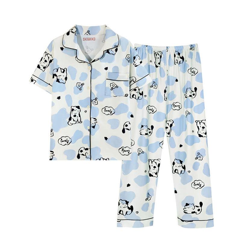 Recommended Pajamas Female Cute Cartoon Kitten Short-Sleeved Trousers Lazy House Cardigan Loungewear Can Be Worn Outside