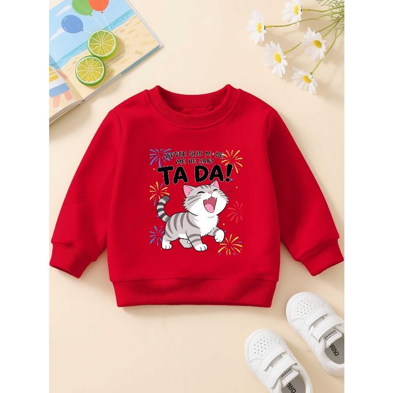 European sizes Adorable Feline-Themed Kids' Crewneck Sweatshirt, Made from Casual with Long Sleeves And a Bit of Stretch