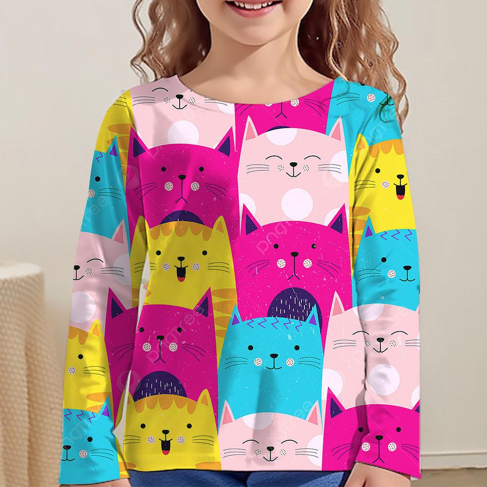 Cartoon Cat Print Kids Girl Clothes Long Sleeve Children Spring Summer Clothes Casual Kawaii Child Girl T-Shirt O-Neck Cute Tops