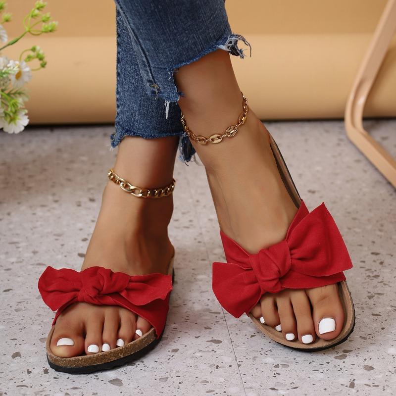 

Большой размер 4 банта крутые тапочки женские летние плоские тапочки на одно слово 36 красный