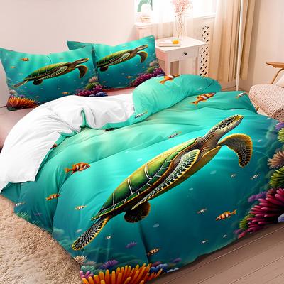 3pcs Minimalist Modern Duvet Cover Set, 3D Deep Sea Turtle Pattern 1 * Comforter Cover+ 2 Pillowcases, No Insert Included