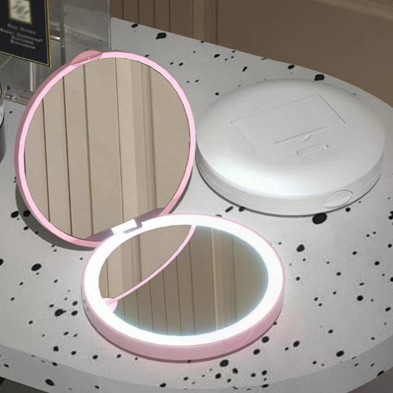 Compact Mini Gift Vanity Folding Cosmetic Mirror With Lights Portable Hand Held Small Pocket Travel Makeup Mirror 2X Magnifying