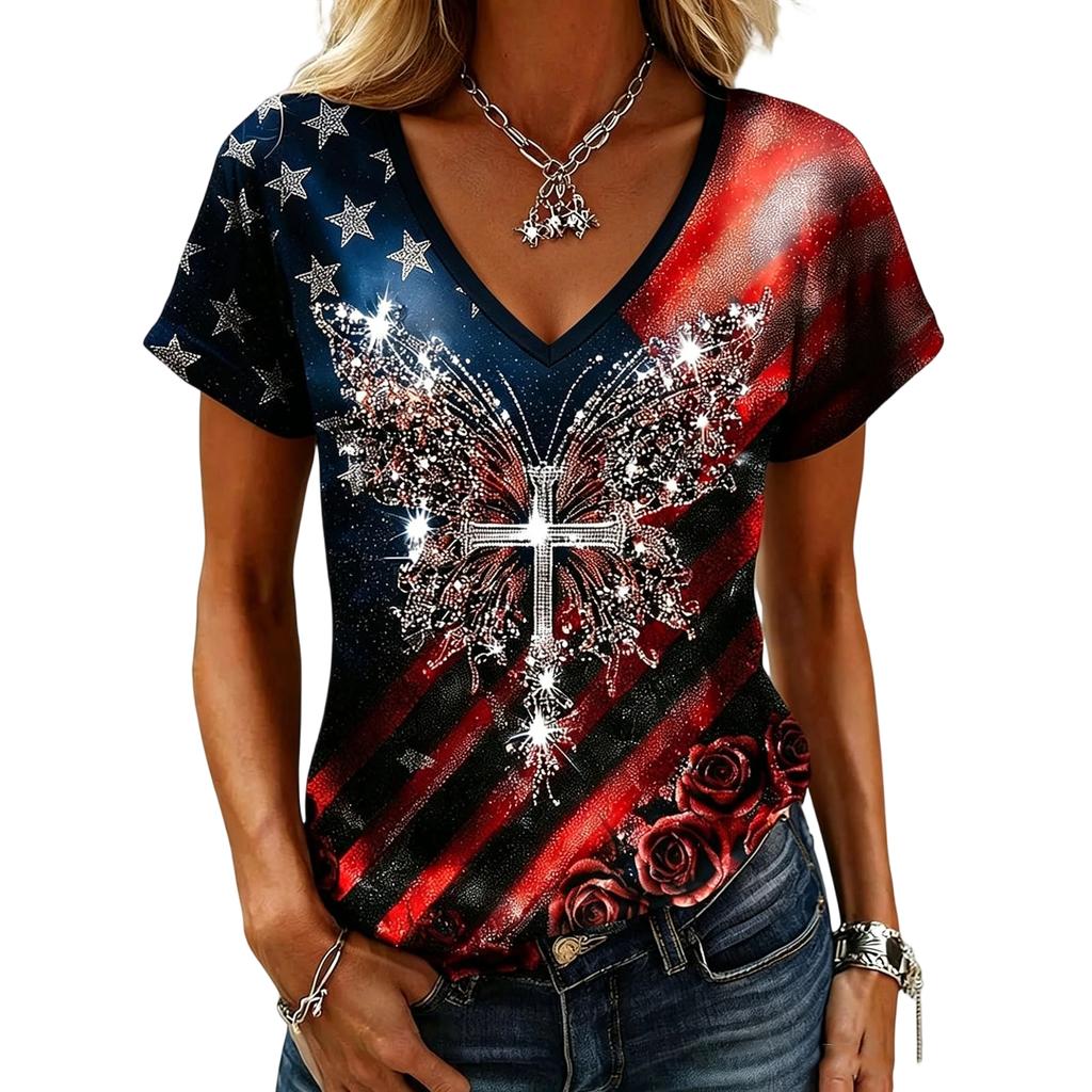 Women's Casual V Neck Short Sleeve Pullover T Shirt Independence Day Graphic Print Top Lightweight Comfortable Fit