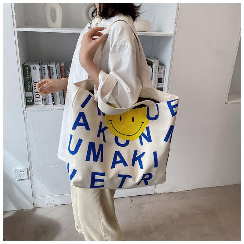 Women's Large Capacity Smiley Face Canvas Tote - Fashionable Single Shoulder Shopping Bag