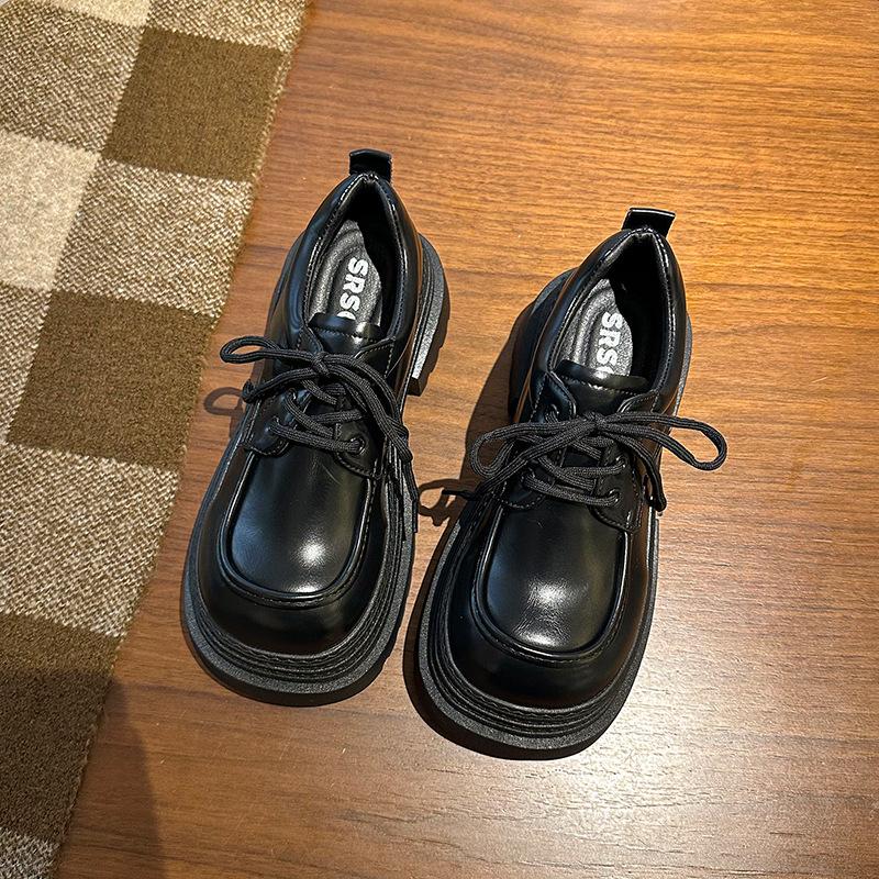 British Style Retro Lace-up Versatile Loafers Women's 2025 Spring and Autumn New Thick Heel Thick Sole Heightening Brown Small Leather Shoes