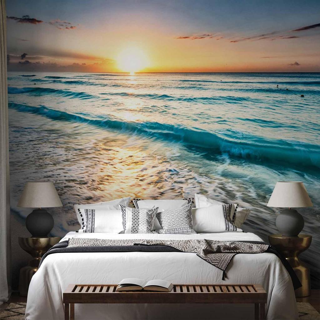 Sonnenuntergang Ozean Strand Wandbild Goldener Sonnenaufgang Küstenlandschaft Tapete für Wohnzimmer Dekoration