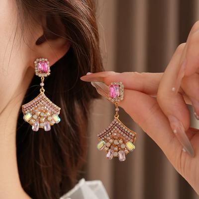 Zircon Fan-shaped Crystal Pendant Earring for Women Light Luxury Ethnic Style Retro Drop Earring High-end Fashion Zircon Gift