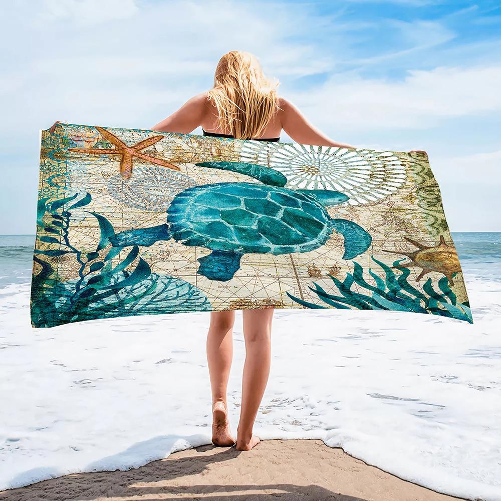 Summer Tropical Ocean Wave Beach Towel Starfish Seashell Print Polyester Bath Towel Quick Dry Sand Free for Swim Pool Travel